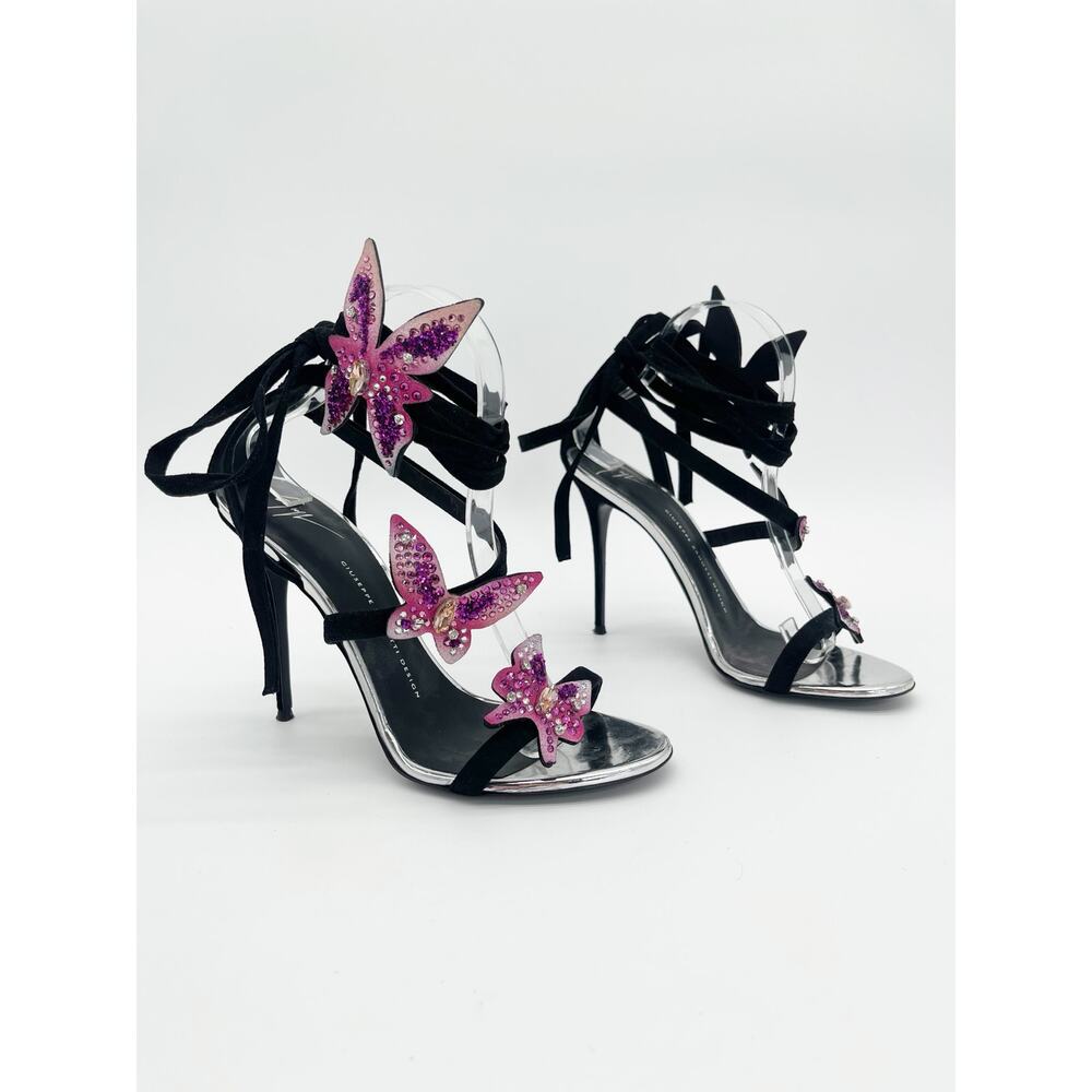 Giuseppe Zanotti Estelle Black Suede Butterfly Crystal Lace Up Sandals IT 40 - Picture 2 of 11